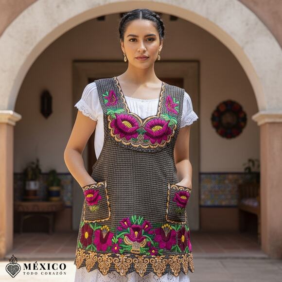 Brown Mexican Embroidered Apron – Premium Cotton Blend Apron with Pink Floral - Picture 2 of 8